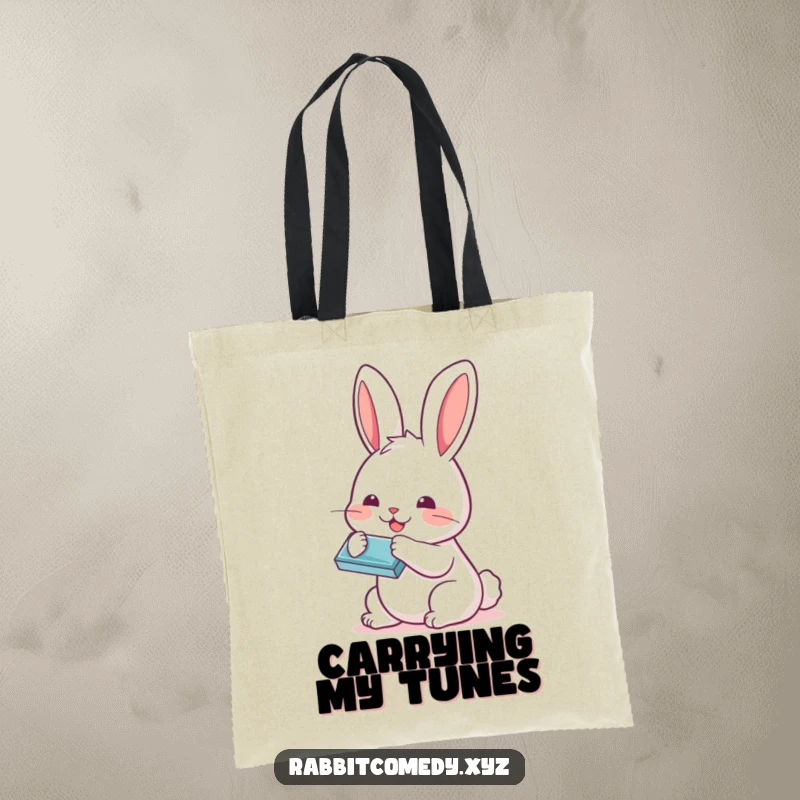Funny Kawaii rabbit musician playing a tiny harmonica on a durable tote bag, showcasing a cheerful and musical design.