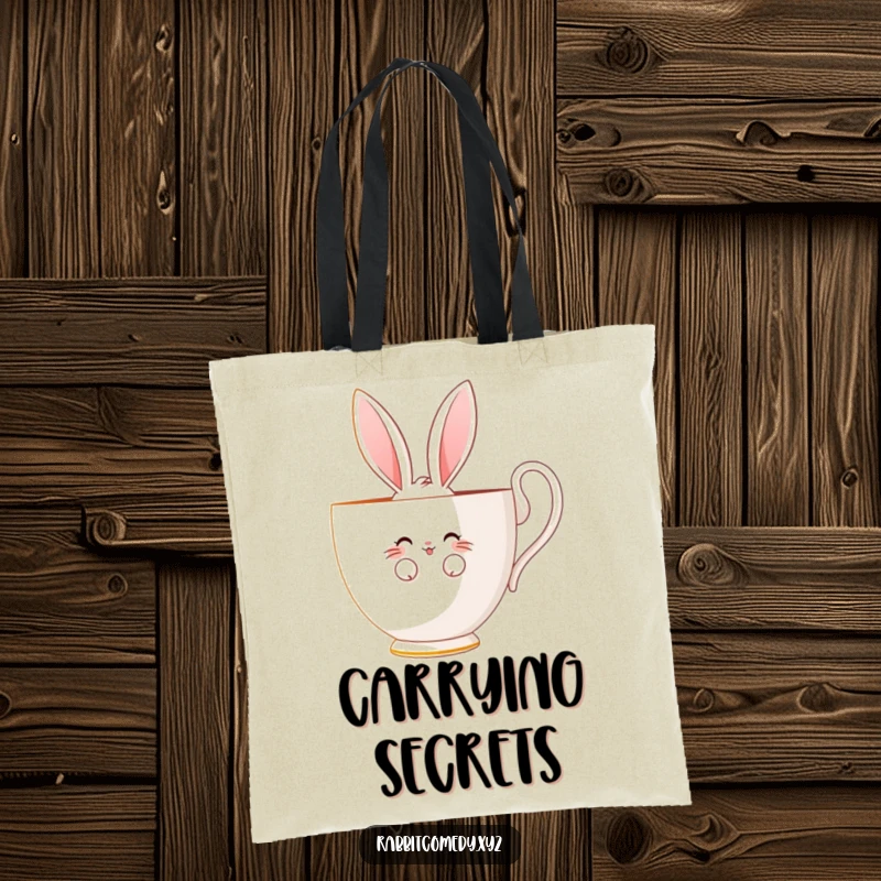 Funny tote bag designed with a shy rabbit character peeking bashfully from behind a giant teacup, smiling sweetly.
