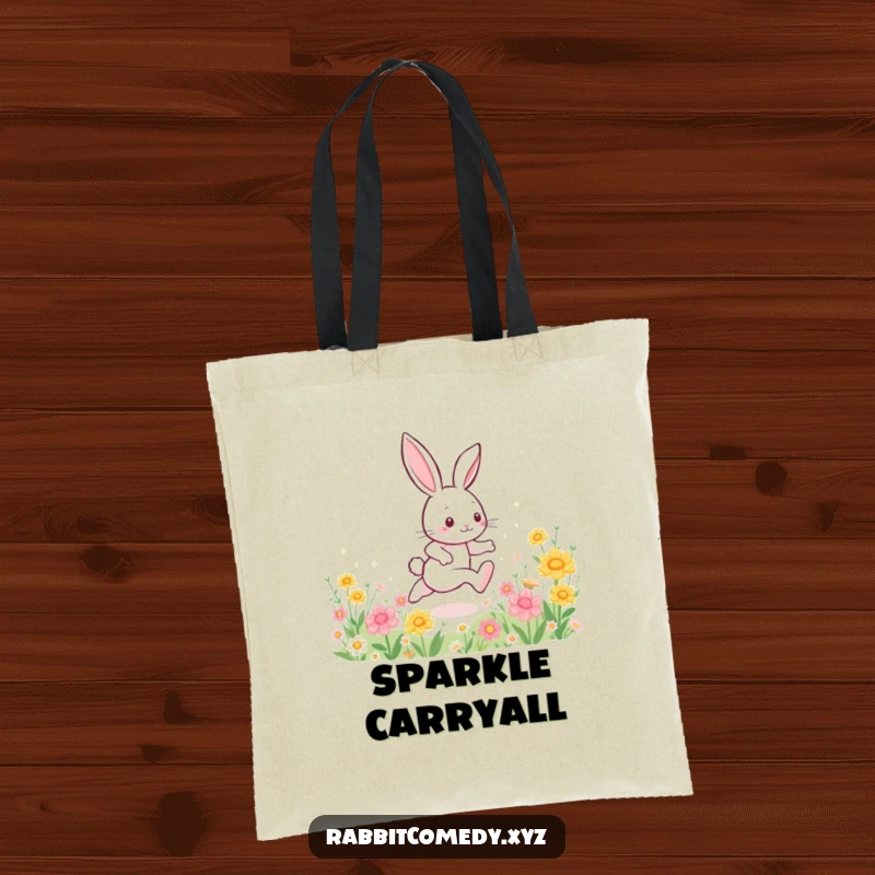 Funny tote bag with an energetic rabbit character dashing across a flower field, leaving a dazzling trail of sparkles behind.