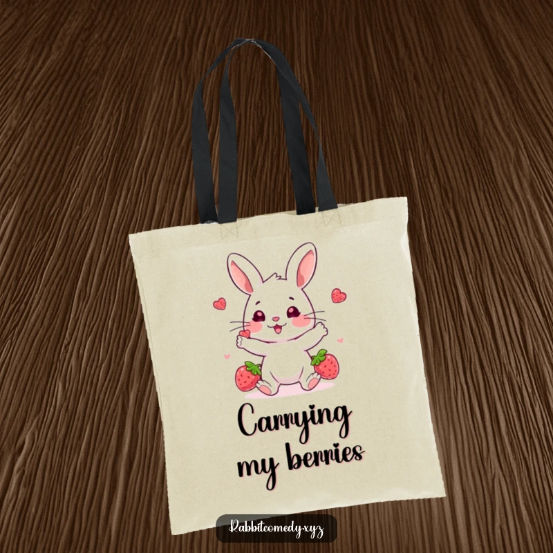 Funny tote bag with a playful rabbit character joyfully juggling three vibrant berries, showcasing a fun and skillful design.