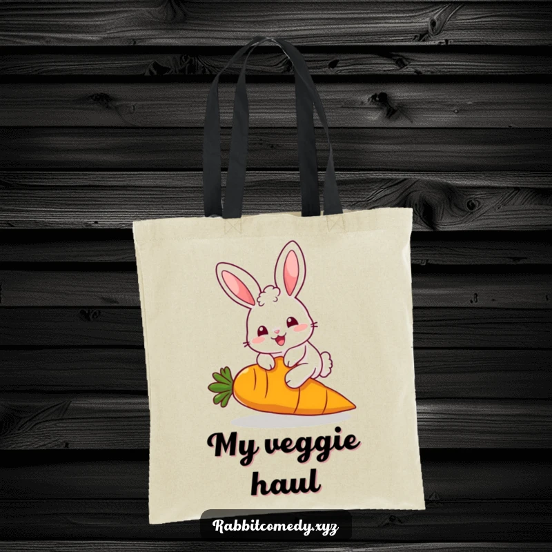 Funny Tote Bag: A fluffy, kawaii rabbit character hops over a giant carrot, perfect for carrying items with cuteness and humor, a funny gift.
