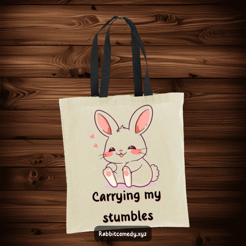 Funny Kawaii rabbit tripping comically over its feet with a blush, printed on a practical tote bag for everyday use.