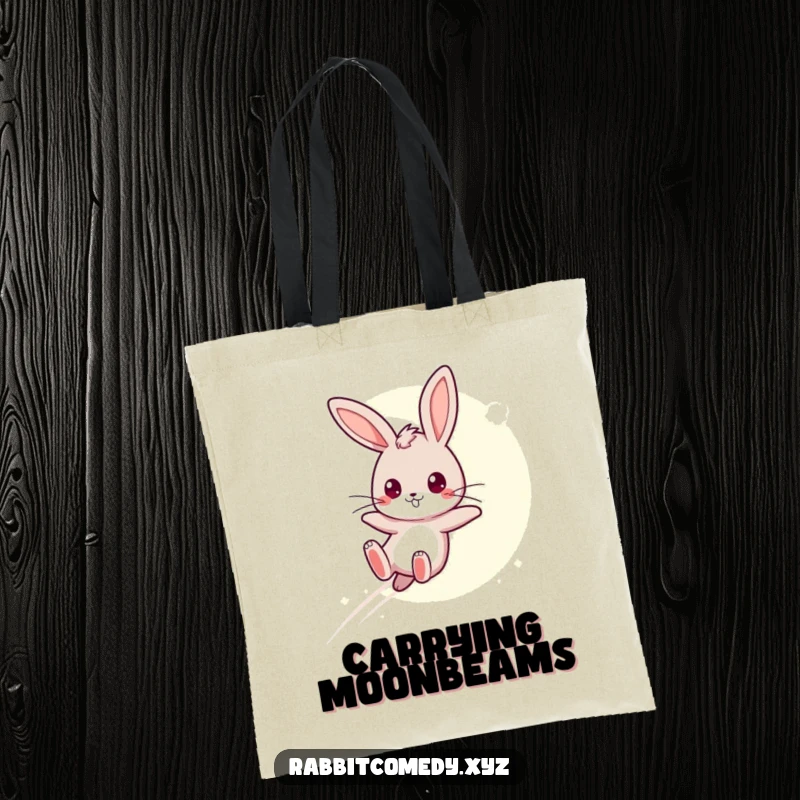 Funny Tote Bag: A determined kawaii rabbit leaps over a moonbeam, making it a humorous and inspiring accessory.