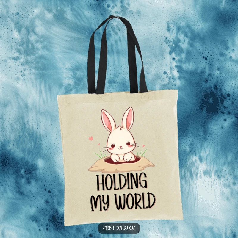 Funny Tote Bag with a cute rabbit peeking from a hole in the ground, perfect for carrying items with a charming surprise.