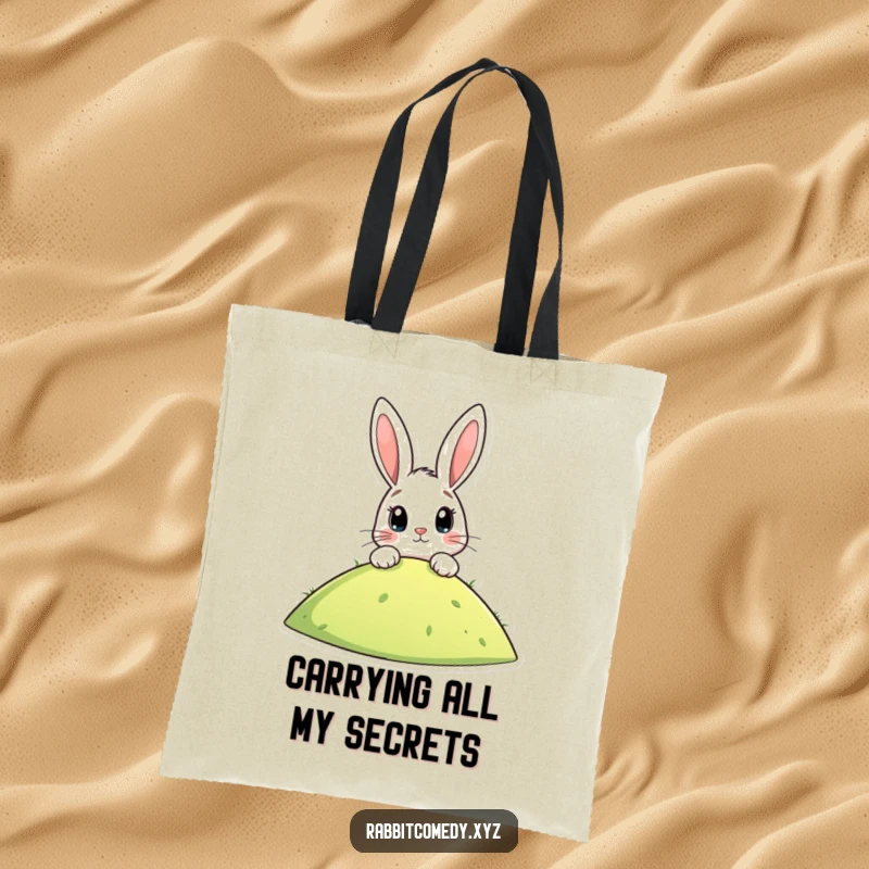 Funny tote bag featuring a stylized rabbit peeking over a hill with wide, excited eyes, perfect for carrying items with humorous flair.