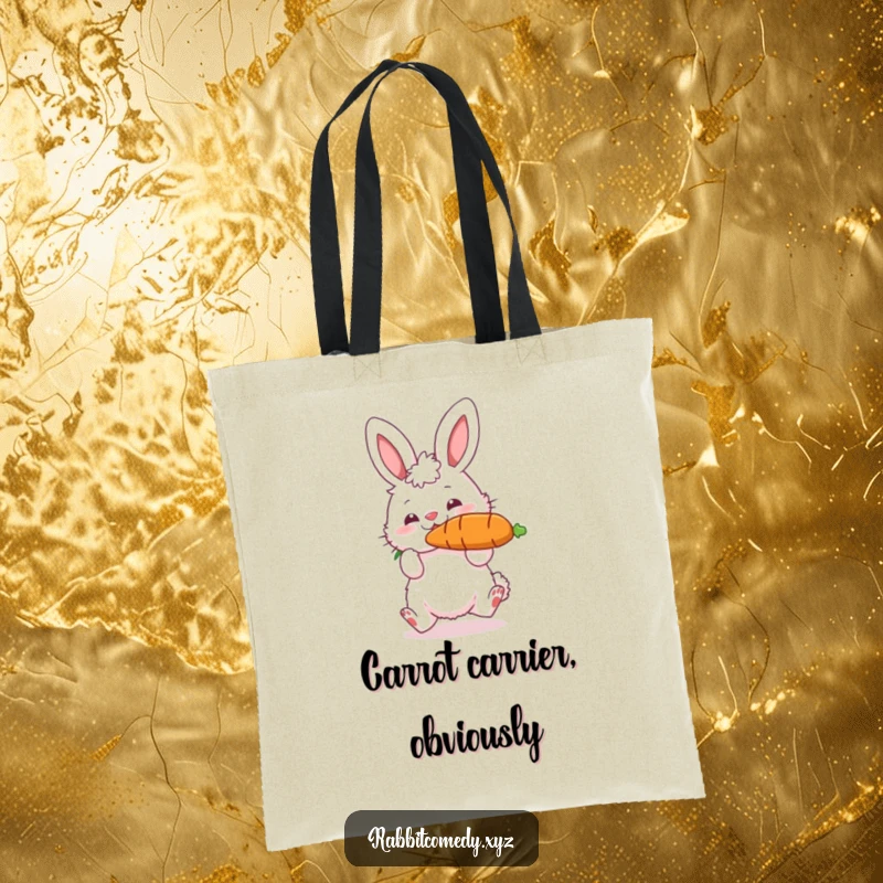 Funny tote bag showcasing a fluffy rabbit character bouncing a huge carrot on its nose, perfect for carrying items with a side of hilarious talent.