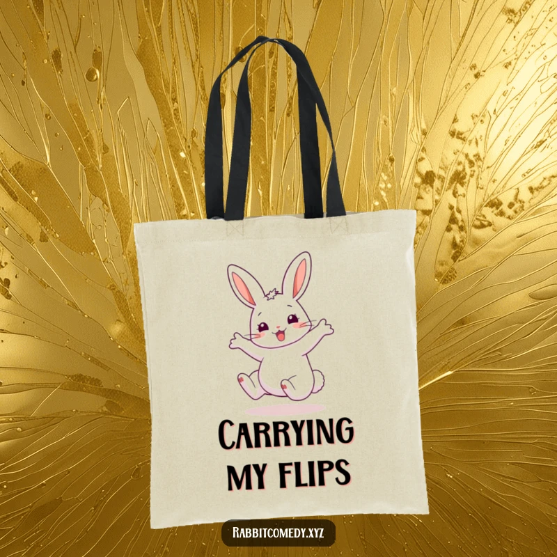 Funny Tote Bag featuring a happy rabbit mid-cartwheel, exaggerated ears flying, perfect for carrying essentials with a side of humor.