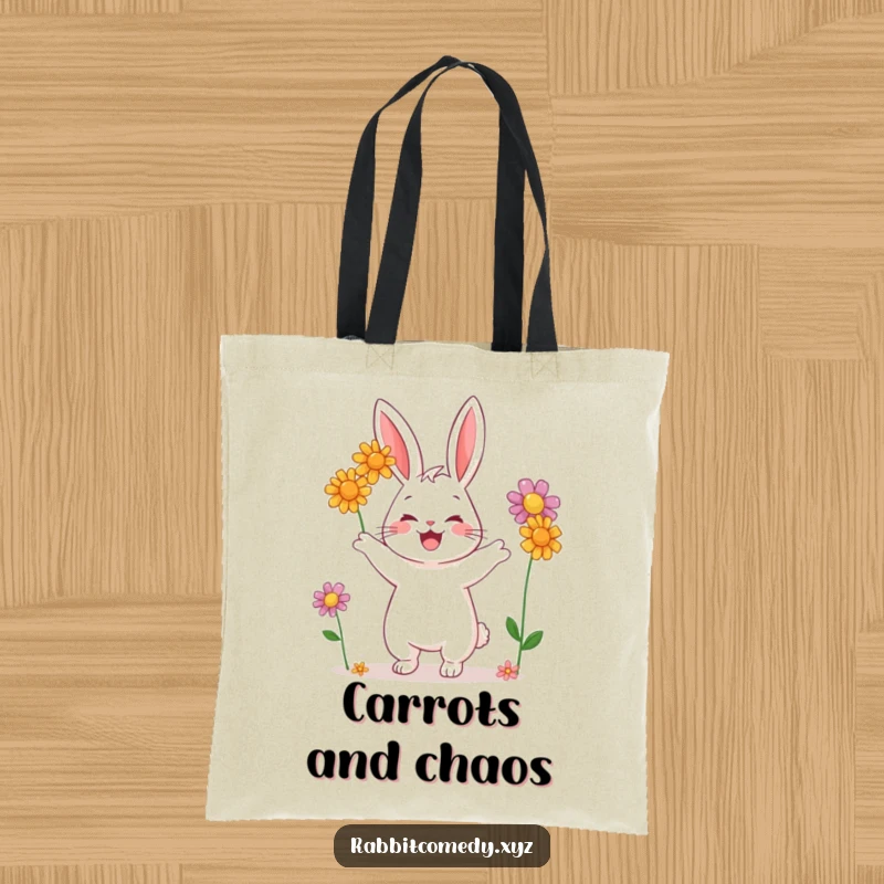 Funny tote bag depicting a smiling rabbit character in the act of juggling three beautiful, colorful wildflowers.