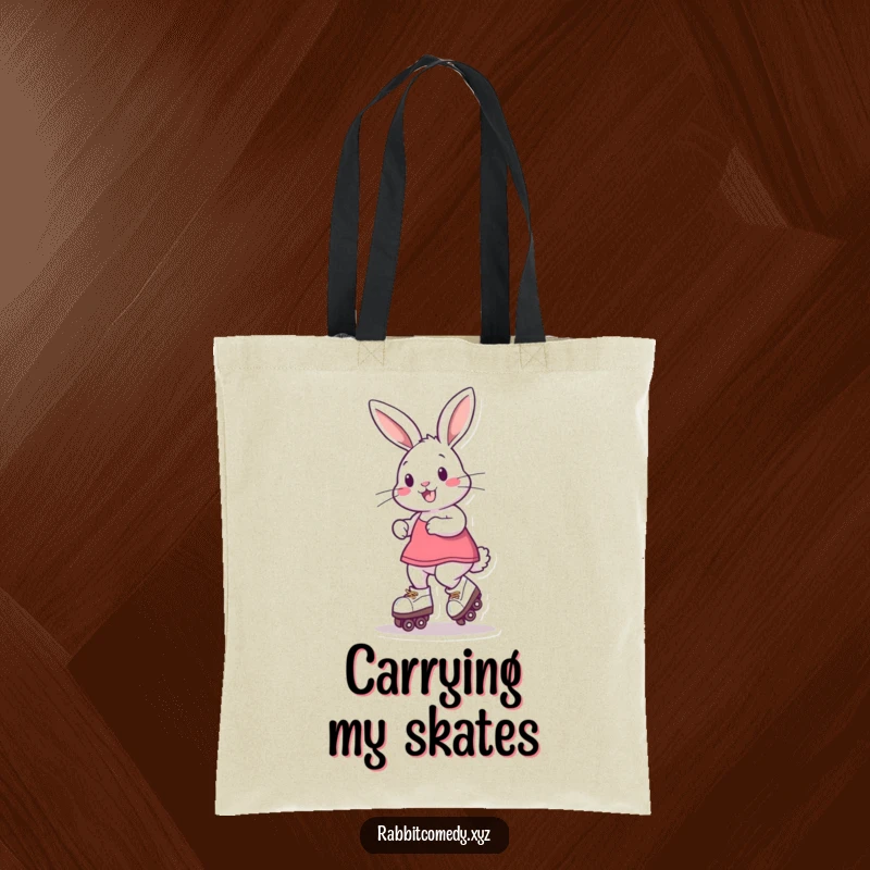 Funny Tote Bag showcasing a playful rabbit on roller skates, spinning energetically, perfect for carrying goodies with a dash of fun.