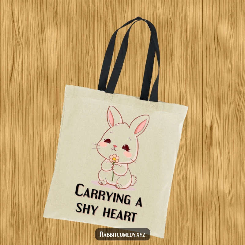 Funny rabbit superhero tote bag, blushing shyly, offering a flower, perfect for carrying daily items with tenderness.