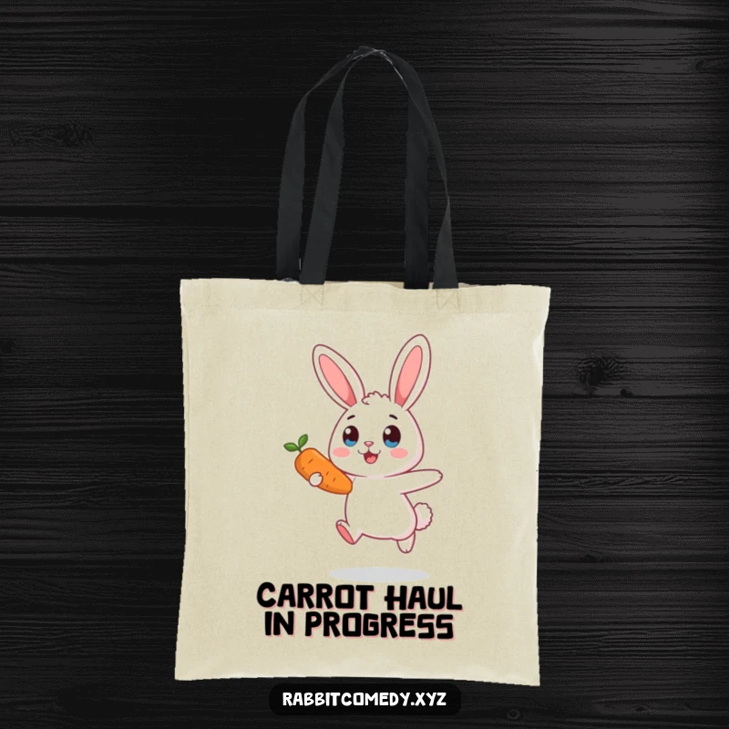 Funny surprised rabbit tote bag, mid-air, eyes wide, reaching for a carrot, a comical design for everyday use and a good laugh.