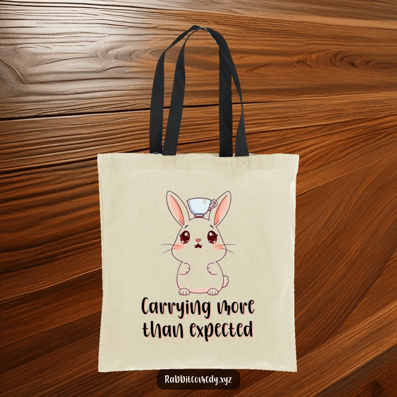 Funny tote bag with a surprised rabbit, eyes wide, a tiny teacup balanced perfectly on its head, a whimsical and amusing accessory.