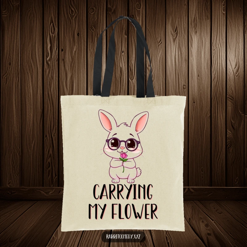 Funny tote bag with a tipsy, wobbling rabbit character holding a tiny flower, a delightful and humorous accessory for everyday use.