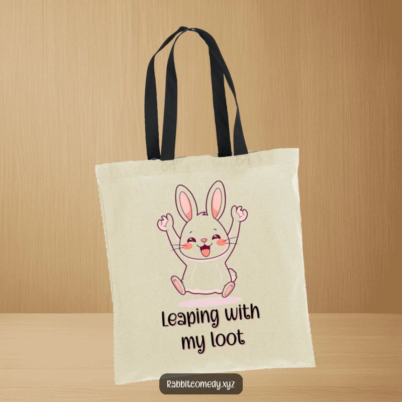 Funny Kawaii rabbit doing a silly hop with arms in the air, full of joy, perfect for this tote bag.