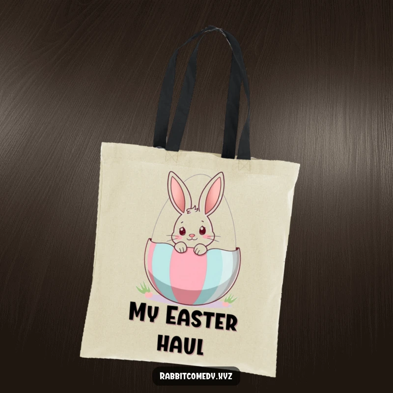 Funny Tote Bag featuring a curious rabbit peeking out of a striped Easter egg, perfect for carrying essentials with holiday cheer.