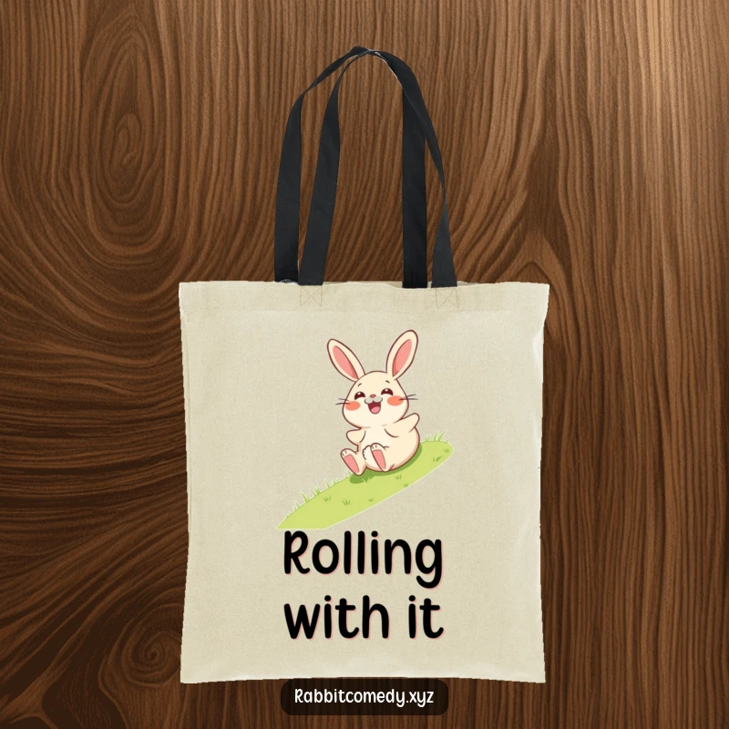 Funny tote bag designed with a giggling rabbit character comically rolling down a grassy hill, looking utterly surprised.